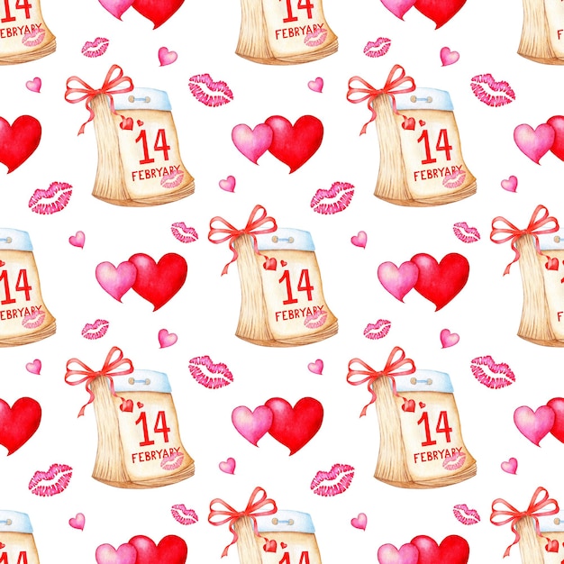 Calendario de patrón de pintura de acuarela con corazones de arco y besos repetición perfecta del día de San Valentín