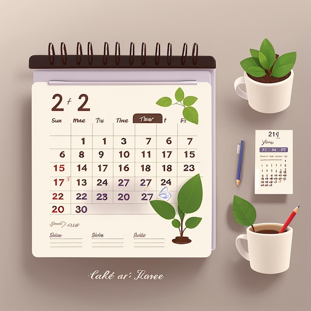 Calendario con planta de café y lápiz Ilustración de icono vectorial Guardar la fecha Horario Icono Concepto Estilo de dibujos animados plano aislado blanco adecuado para página de aterrizaje web Banner Sticker