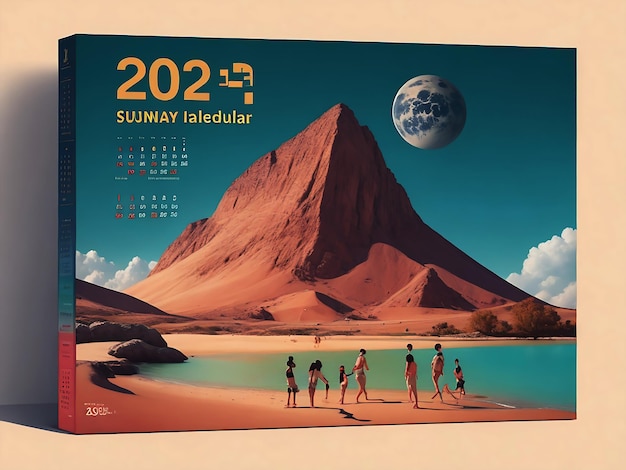 Un calendario con una playa y montañas