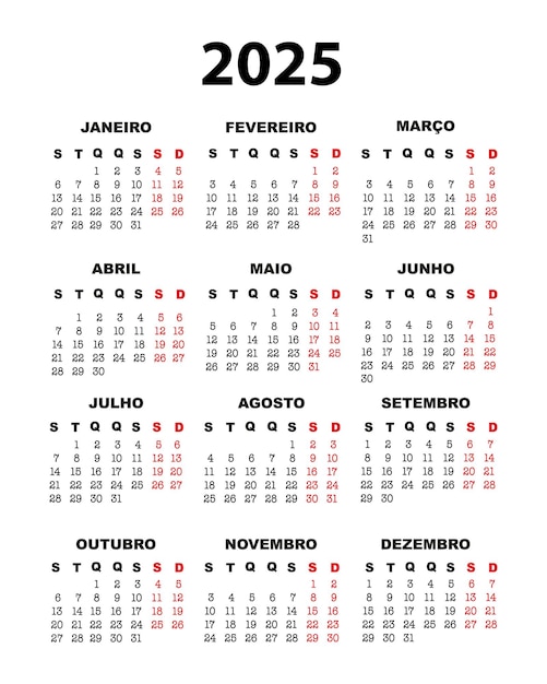 Foto calendario en portugués para 2025