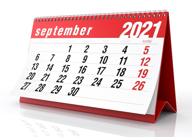 Calendario septiembre 2021. Aislado sobre fondo blanco. Ilustración 3D