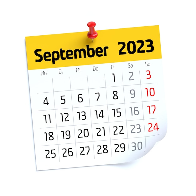 Calendario de septiembre de 2023 en idioma alemán aislado sobre fondo blanco Ilustración 3D