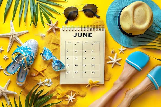 Foto un calendario con un sombrero de paja y gafas de sol en él con un sombreiro de paja e gafas de sol en él