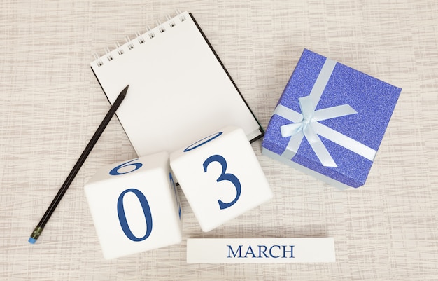 Calendario con texto azul moderno y números para el 3 de marzo