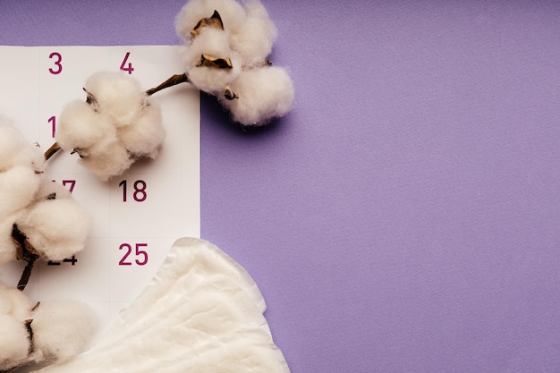 Calendario toallas sanitarias y algodón Concepto del ciclo menstrual de la mujer