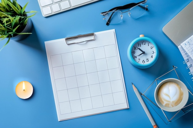 Foto calendario vacío y cuaderno de notas en la mesa de trabajo moderna