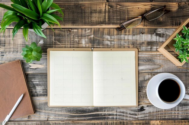 Foto calendario vacío y cuaderno de notas en la mesa de trabajo moderna