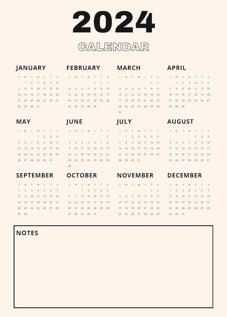 Calendário vertical bege para 2024 Minimalista 2024 Calendário com anotações