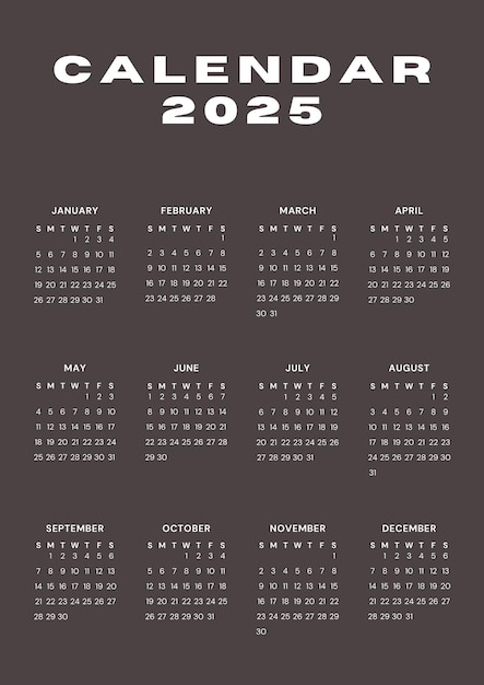Calendário vertical castanho para o ano 2025 Calendário minimalista 2025