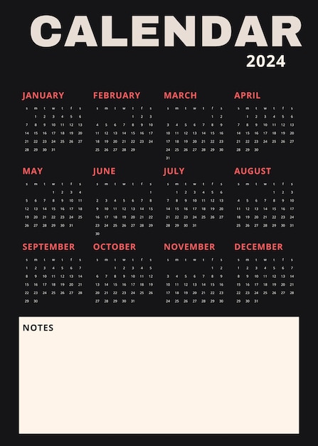 Calendário vertical preto para 2024 Moderno minimalista Calendário de 2024