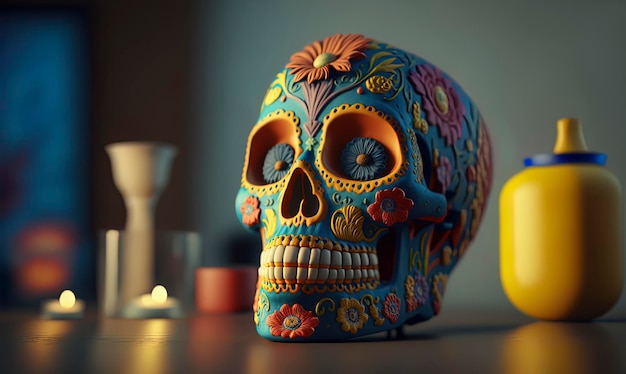 Caléndula de calavera de azúcar Fondo festivo dia de los muertos IA generativa