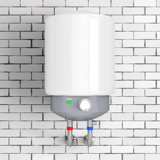 Calentador de agua automático moderno delante de la pared de ladrillo. Representación 3D.