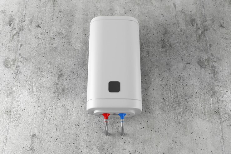 Calentador de agua eléctrico blanco delgado moderno en la pared de hormigón