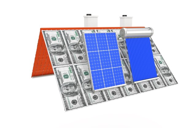 Calentador de agua solar y panel solar instalado en un techo de billetes de dólar sobre un fondo blanco. Representación 3D