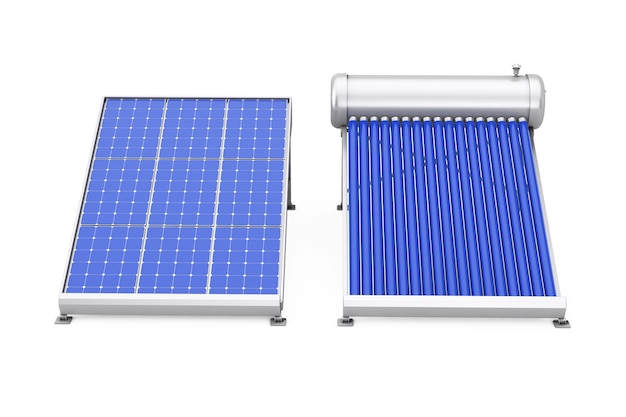 Calentador de agua solar con panel solar sobre un fondo blanco. Representación 3D.