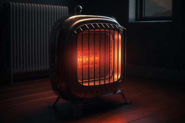 Un calentador con un calentador en él está iluminado en una habitación oscura.