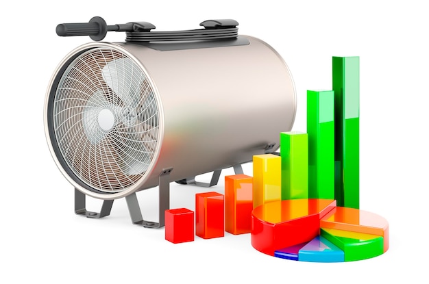 Calentador de ventilador con gráfico de barras de crecimiento y representación 3D de gráfico circular aislado sobre fondo blanco