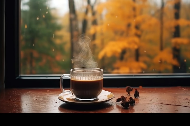 Foto calentamiento de bebidas de otoño en clima frío y lluvioso concepto hygge