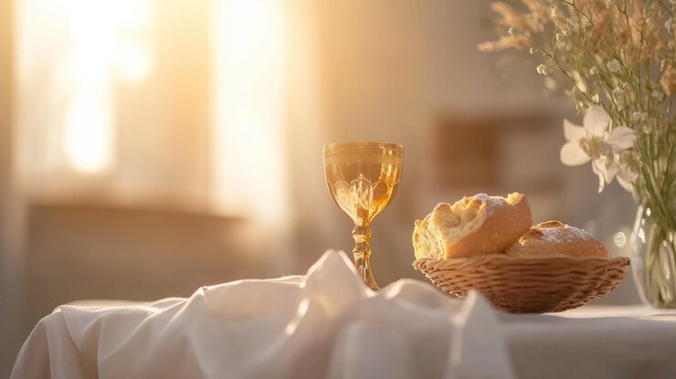 Foto cálice de comunhão e pão num altar luz suave nenhuma gente fundo tranquilo amplo espaço para texto