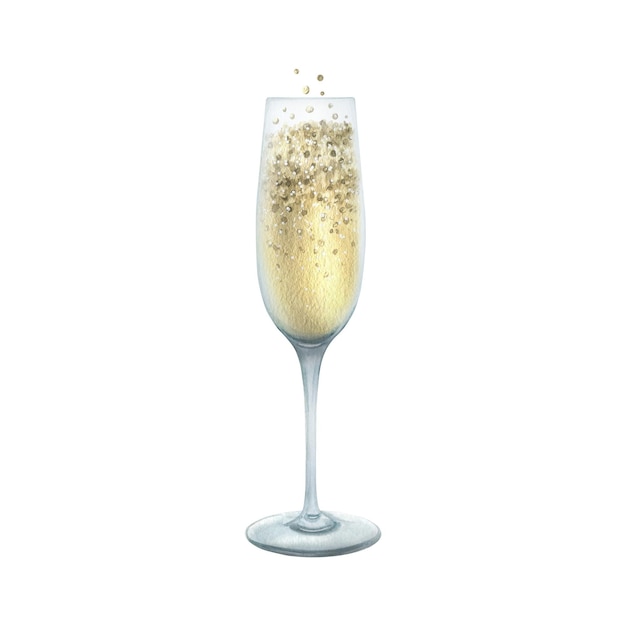Cálice de vidro com champanhe e bolhas de vinho espumante branco ilustração de aquarela desenhada à mão objeto isolado em um fundo branco