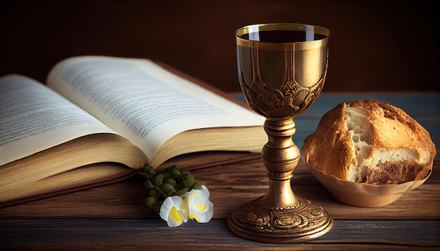 Cálice de vinho com pão e Bíblia Sagrada em b de madeira