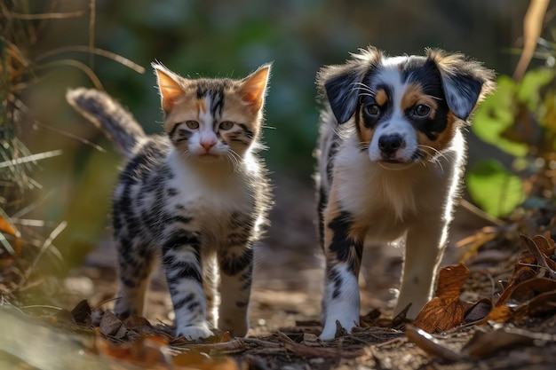 Calico-Kätzchen und gefleckter Welpe spazieren mit generativer KI