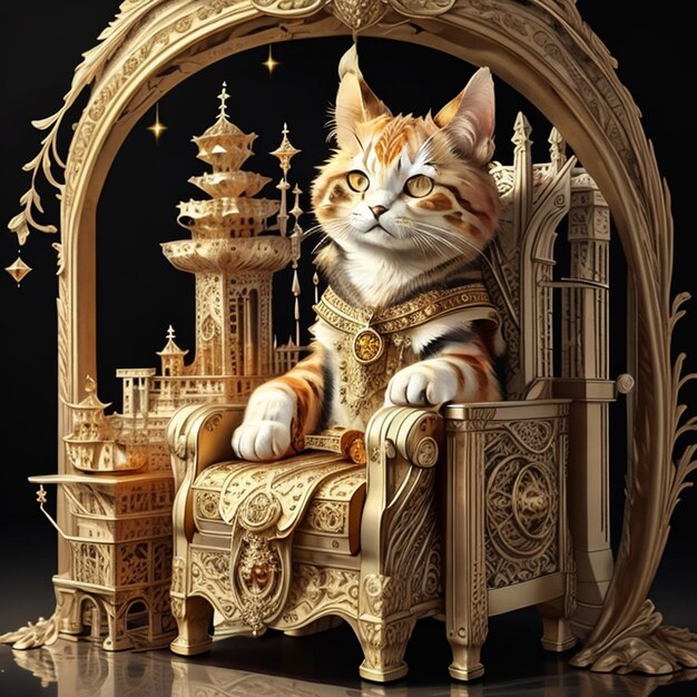 Calico-Katze sitzt auf einem Thron mit Applikationen von Citrin Amber und schwarzen Diamanten
