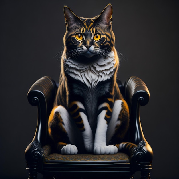 Calico-Katze sitzt auf einem Thron mit Applikationen von Citrin Amber und schwarzen Diamanten