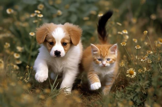 Calico Kitten y Golden Puppy Frolic IA generativa