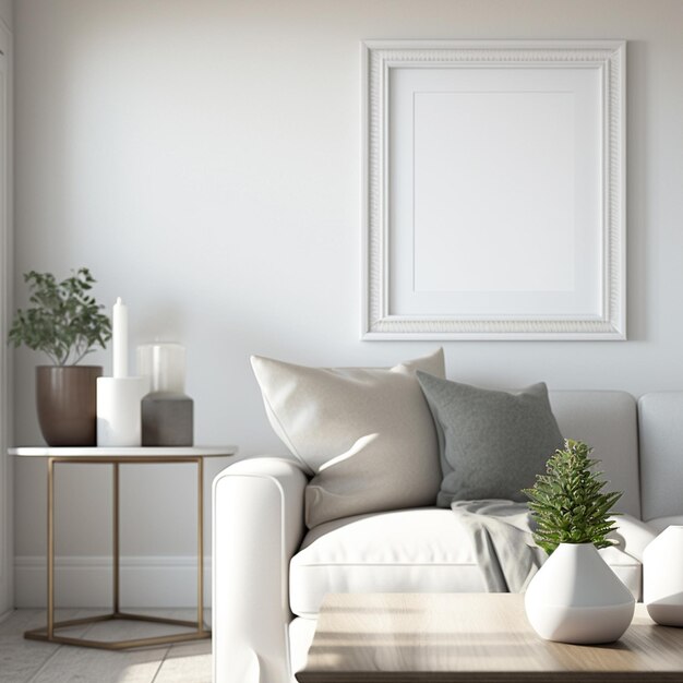 Una cálida y acogedora sala de estar de una casa de campo con una maqueta de marco en blanco