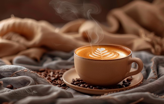 Una cálida y acogedora taza de latte art en un platillo rodeado de granos de café que exudan vapor en un fondo de textura suave