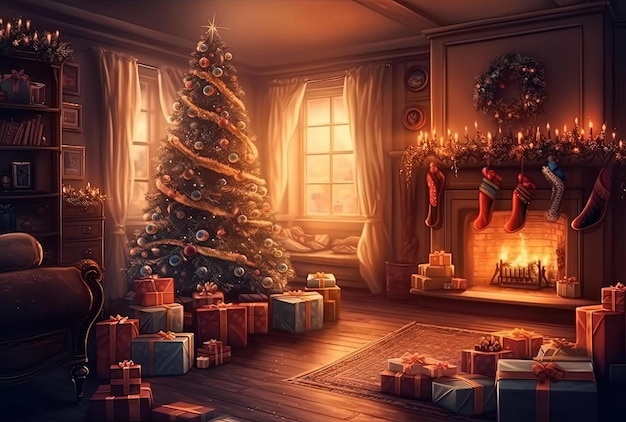 Cálida y acogedora velada Nochebuena Sala de Navidad con diseño interior de chimenea