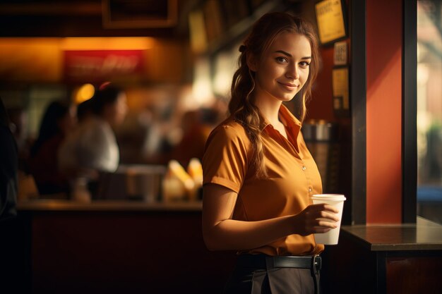 Foto la cálida bienvenida de una camarera mientras sirve una taza de café humeante