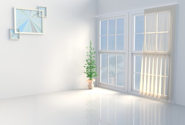 Cálida decoración de la habitación blanca. El sol brilla a través de la ventana hacia las sombras. Render 3d