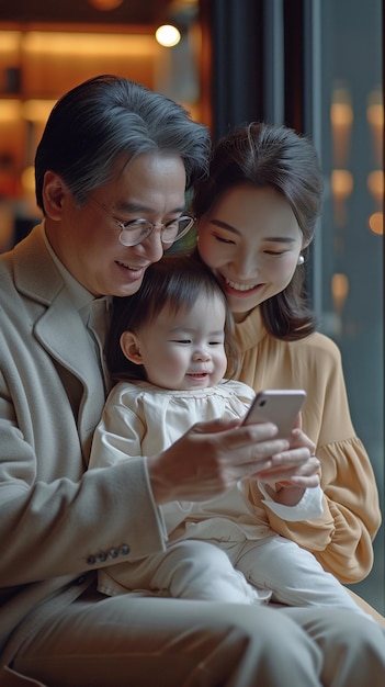 Una cálida y grande familia asiática pasa el fin de semana en sus cómodos hogares, en la sala de estar, utilizando un teléfono móvil para hacer videollamadas grupales.