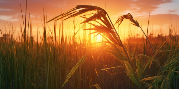 Foto la cálida luz del atardecer se filtra a través de las hierbas altas de un campo agrícola del paisaje rural