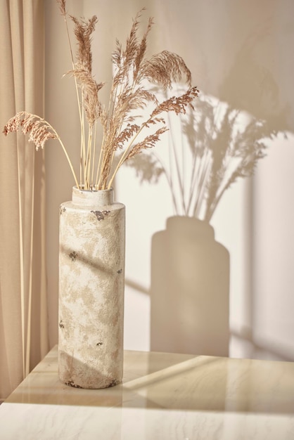 La cálida luz del sol que entra por la ventana con fondo beige flores jarrones y una mesa