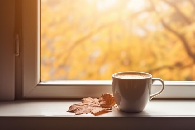 Una cálida mañana de otoño con café junto a la ventana