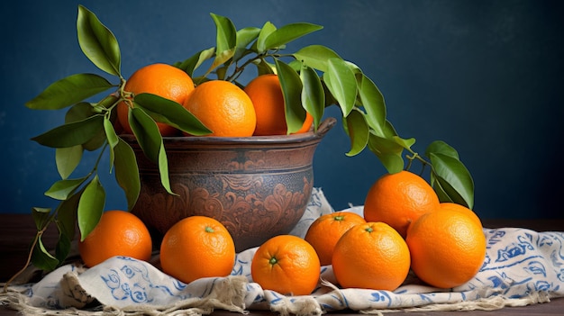 Cálida naturaleza muerta con naranjas y fondo azul profundo ai generado