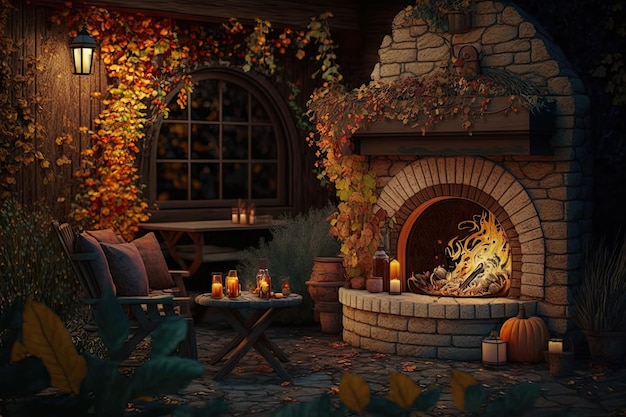 Cálida noche de otoño sin gente en un acogedor patio trasero con chimenea de piedra