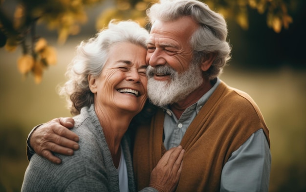 Una cálida pareja de ancianos riendo felices en el patio trasero.