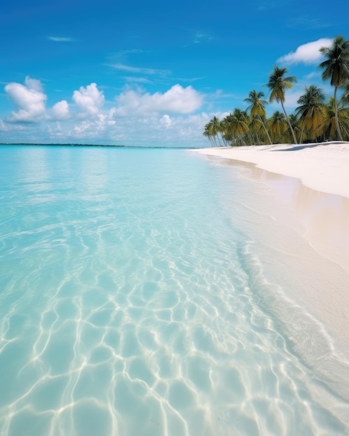 Cálida playa de arena blanca y agua azul clara