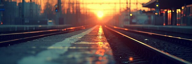 La cálida puesta de sol ilumina la vía ferroviaria a través de un paisaje pintoresco con siluetas de árboles