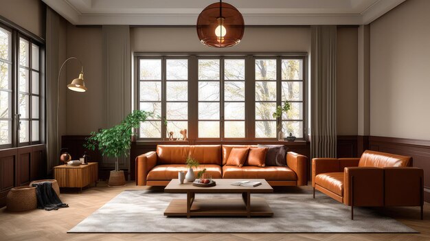 cálida sala de estar con un sofá marrón y un gran marco de madera de estilo escandinavo generativa AI