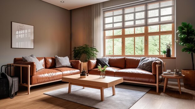 cálida sala de estar con un sofá marrón y un gran marco de madera de estilo escandinavo generativa AI