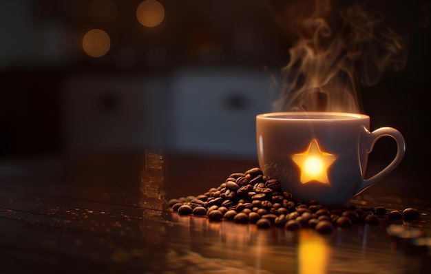 Una cálida taza de café emite vapor en una mesa de madera rústica en medio de granos de café esparcidos con un fondo de luz bokeh