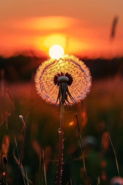 El cálido abrazo de la puesta de sol Una vista de cerca de la silueta de un diente de león cuando el día se convierte en noche