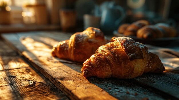 El cálido abrazo de las puestas de sol realza la corteza dorada de los croissants recién horneados en una mesa rústica