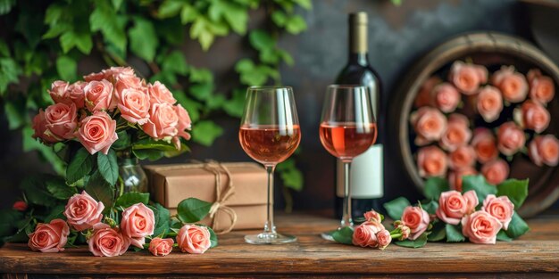 Un cálido brindis con copas de vino de rosas rodeado de una romántica difusión de rosas rosadas suaves y una caja de regalos cuidadosamente atada lista para celebrar el amor