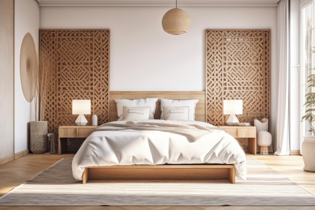 Cálido dormitorio alegre con un cabecera de bambú dos lámparas de tracería al lado de una encantadora mesa de noche blanca y una alfombra en el piso de madera en el frente